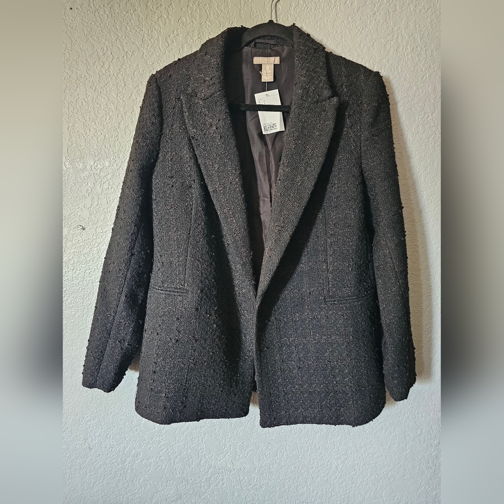 H&M Women`S Small Black Tweed Double Breasted No Buttons Blazer Coat